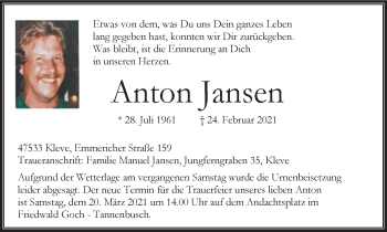 Traueranzeige von Anton Jansen von WVW Anzeigenblätter