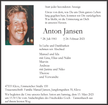 Traueranzeige von Anton Jansen von WVW Anzeigenblätter