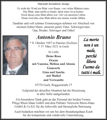 Traueranzeige von Antonio Bruno von WVW Anzeigenblätter