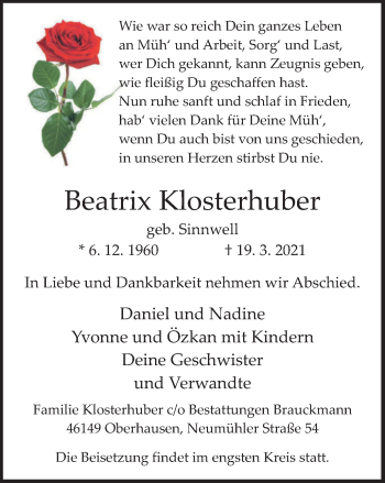 Traueranzeige von Beatrix Klosterhuber von WVW Anzeigenblätter