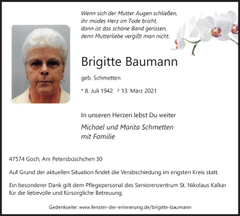Traueranzeige von Brigitte Baumann von WVW Anzeigenblätter