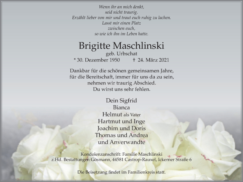  Traueranzeige für Brigitte Maschlinski vom 31.03.2021 aus WVW Anzeigenblätter