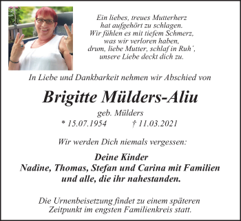 Traueranzeige von Brigitte Mülders-Aliu von WVW Anzeigenblätter