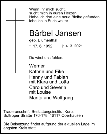 Traueranzeige von Bärbel Jansen von WVW Anzeigenblätter