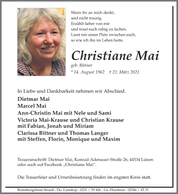 Traueranzeige von Christiane Mai von WVW Anzeigenblätter