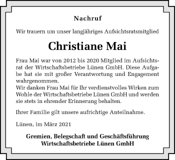 Traueranzeige von Christiane Mai von WVW Anzeigenblätter