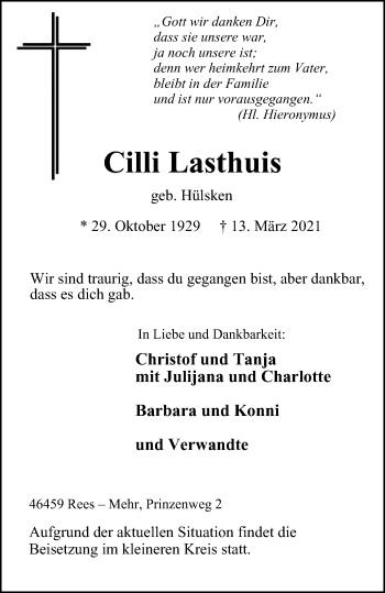 Traueranzeige von Cilli Lasthuis von WVW Anzeigenblätter