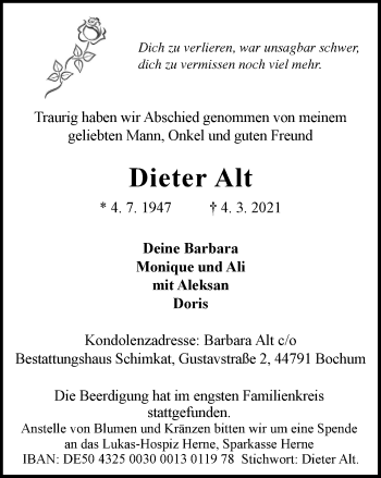 Traueranzeige von Dieter Alt von WVW Anzeigenblätter