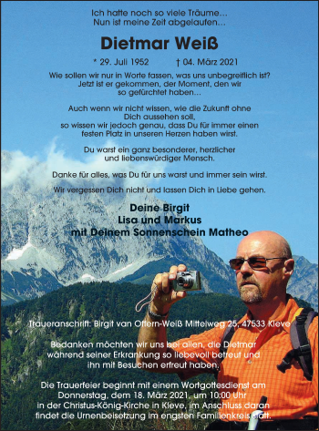 Traueranzeige von Dietmar Weiß von WVW Anzeigenblätter