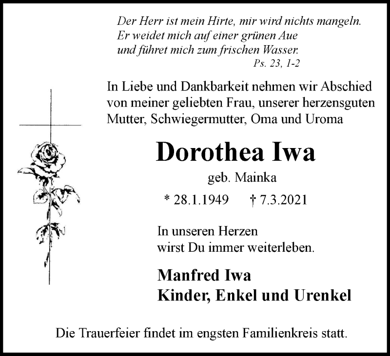  Traueranzeige für Dorothea Iwa vom 17.03.2021 aus WVW Anzeigenblätter