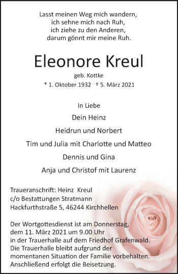 Traueranzeige von Eleonore Kreul von WVW Anzeigenblätter