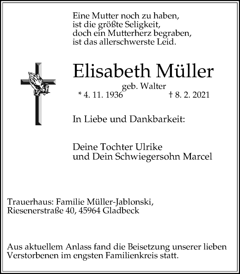  Traueranzeige für Elisabeth Müller vom 24.03.2021 aus WVW Anzeigenblätter