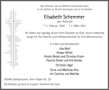 Traueranzeige von Elisabeth Schemmer von WVW Anzeigenblätter
