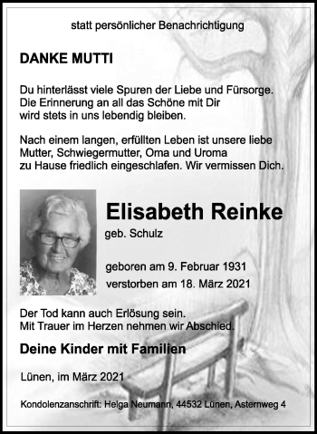 Traueranzeige von Elsiabeth Reinke von WVW Anzeigenblätter