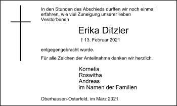 Traueranzeige von Erika Ditzler von WVW Anzeigenblätter