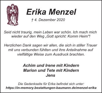 Traueranzeige von Erika Menzel von WVW Anzeigenblätter