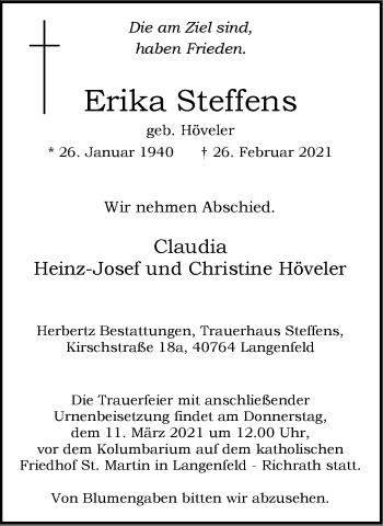 Traueranzeige von Erika Steffens von WVW Anzeigenblätter