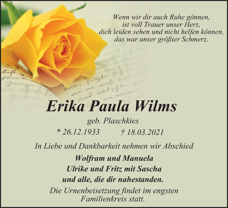 Traueranzeigen von Erika Paula Wilms TrauerinNRW.de
