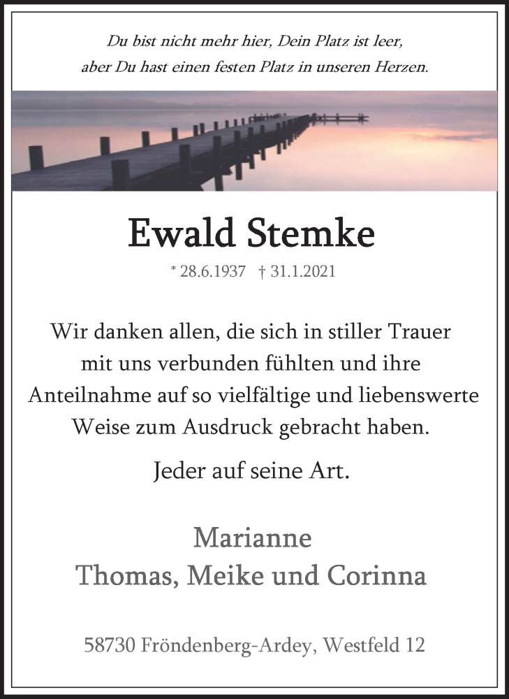  Traueranzeige für Ewald Stemke vom 06.03.2021 aus WVW Anzeigenblätter