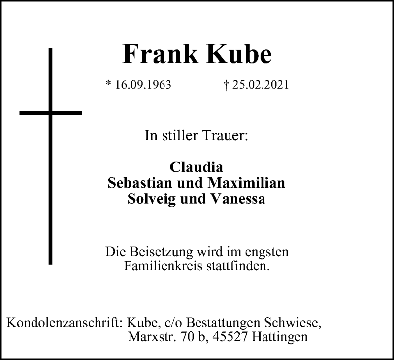  Traueranzeige für Frank Kube vom 03.03.2021 aus WVW Anzeigenblätter