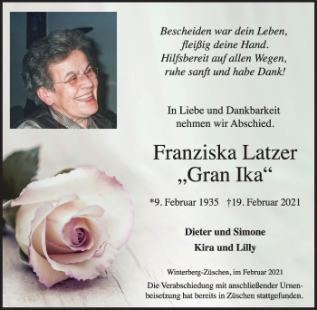 Traueranzeige von Franziska Latzer von WVW Anzeigenblätter