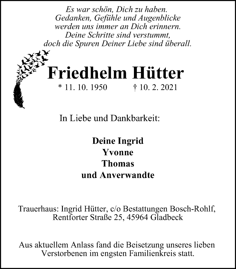  Traueranzeige für Friedhelm Hütter vom 06.03.2021 aus WVW Anzeigenblätter