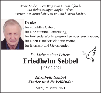 Traueranzeige von Friedhelm Sebbel von WVW Anzeigenblätter