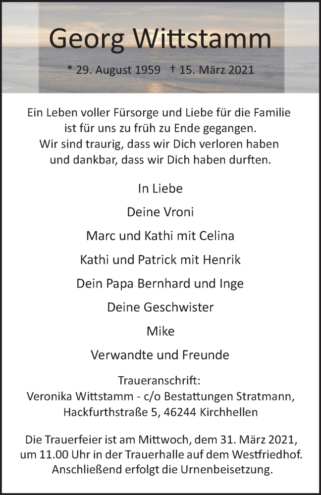  Traueranzeige für Georg Wittstamm vom 27.03.2021 aus WVW Anzeigenblätter