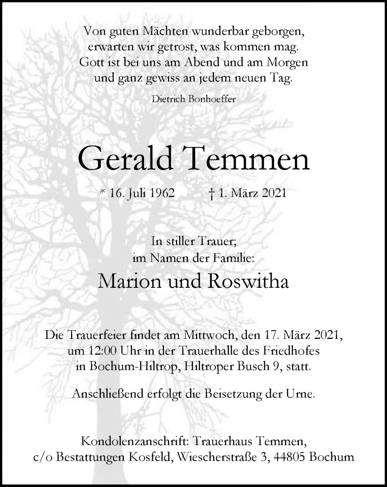  Traueranzeige für Gerald Temmen vom 13.03.2021 aus WVW Anzeigenblätter