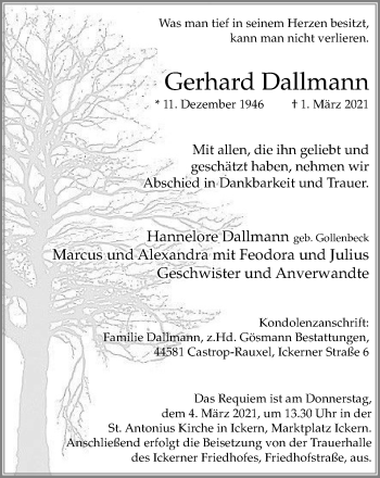 Traueranzeige von Gerhard Dallmann von WVW Anzeigenblätter