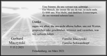 Traueranzeige von Gerhard Maczynski von WVW Anzeigenblätter
