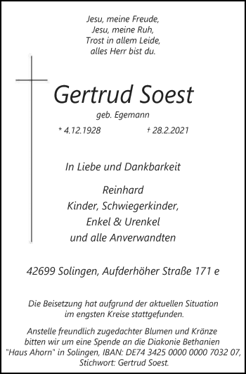 Traueranzeige von Gertrud Soest von WVW Anzeigenblätter