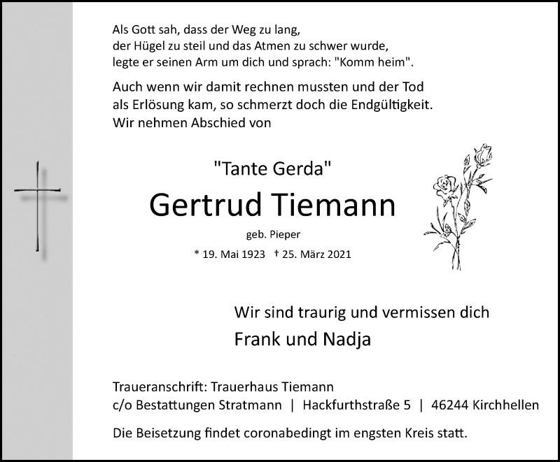  Traueranzeige für Gertrud Tiemann vom 31.03.2021 aus WVW Anzeigenblätter