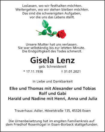 Traueranzeige von Gisela Lenz von WVW Anzeigenblätter