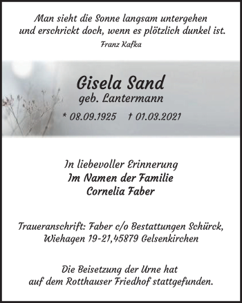Traueranzeige von Gisela Sand von WVW Anzeigenblätter