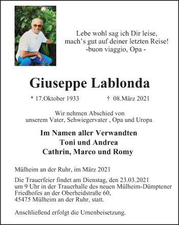 Traueranzeige von Giuseppe Lablonda von WVW Anzeigenblätter