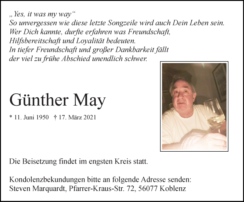  Traueranzeige für Günther May vom 27.03.2021 aus WVW Anzeigenblätter