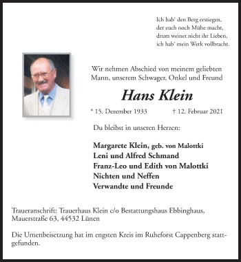 Traueranzeige von Hans Klein von WVW Anzeigenblätter