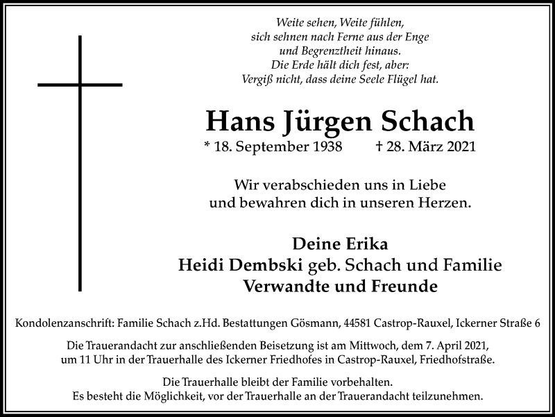  Traueranzeige für Hans Jürgen Schach vom 31.03.2021 aus WVW Anzeigenblätter
