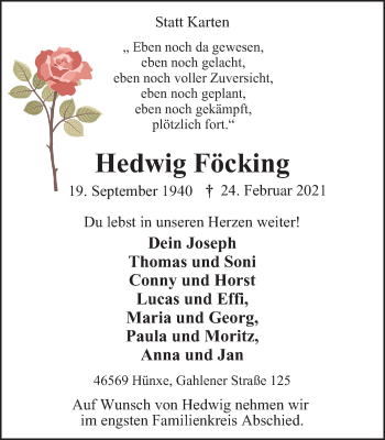 Traueranzeige von Hedwig Föcking von WVW Anzeigenblätter