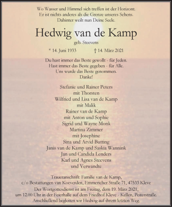 Traueranzeige von Hedwig van deKamp von WVW Anzeigenblätter