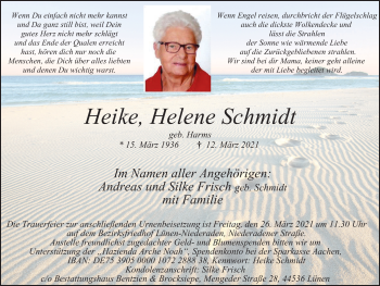 Traueranzeige von Heike Helene Schmidt von WVW Anzeigenblätter