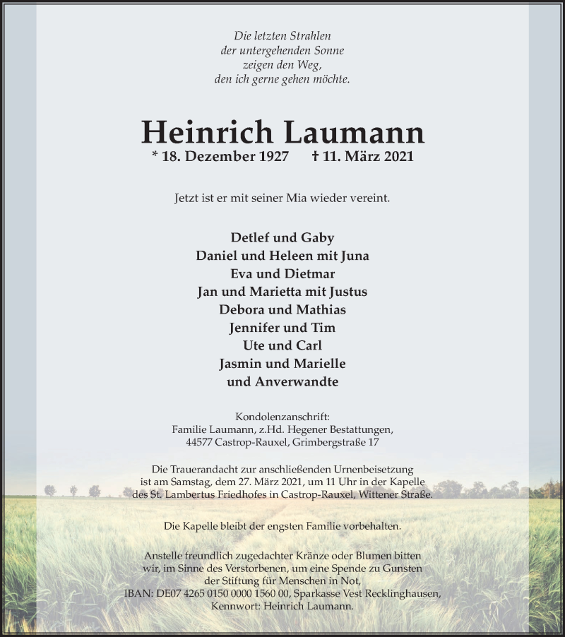  Traueranzeige für Heinrich Laumann vom 17.03.2021 aus WVW Anzeigenblätter
