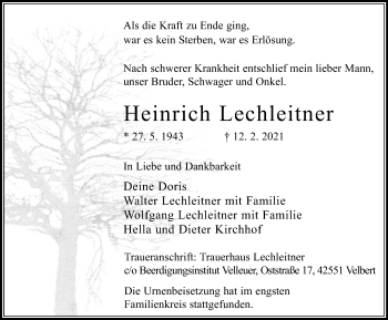 Traueranzeige von Heinrich Lechleitner von WVW Anzeigenblätter