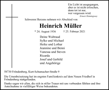 Traueranzeige von Heinrich Müller von WVW Anzeigenblätter