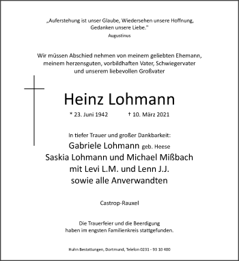 Traueranzeige von Heinz Lohmann von WVW Anzeigenblätter