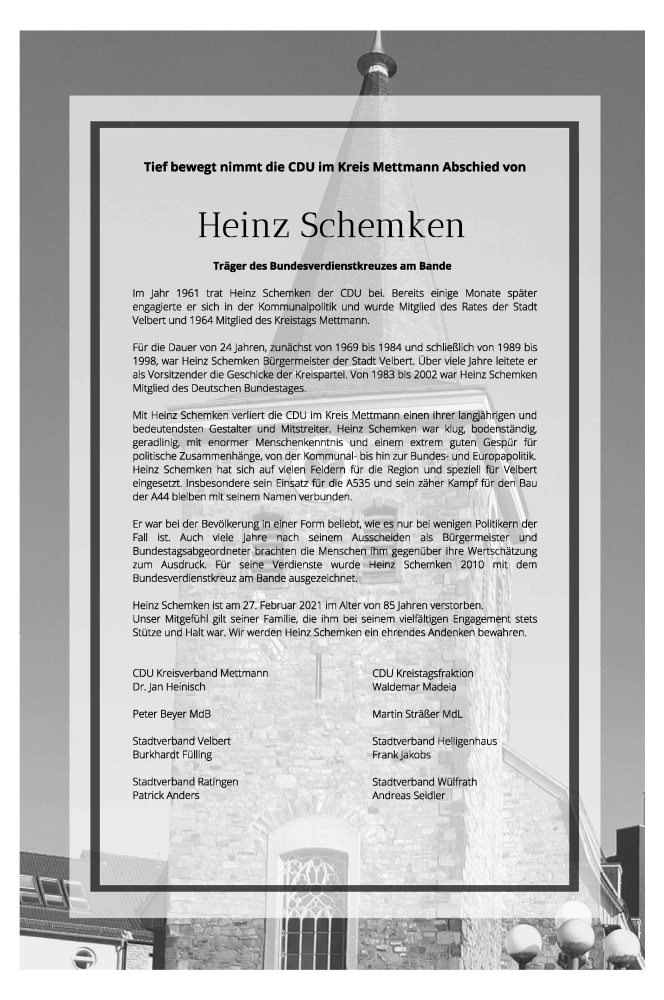 Traueranzeigen von Heinz Schemken TrauerinNRW.de