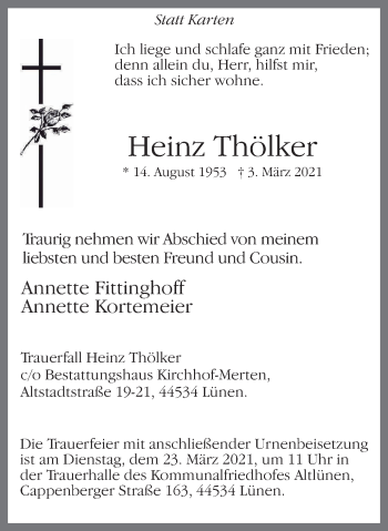 Traueranzeige von Heinz Thölker von WVW Anzeigenblätter