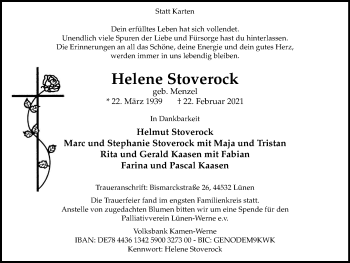 Traueranzeige von Helene Stoverock von WVW Anzeigenblätter