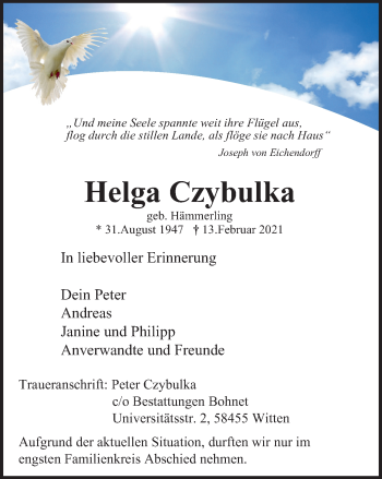 Traueranzeige von Helga Czybulka von WVW Anzeigenblätter